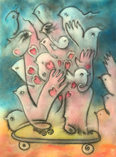Load image into Gallery viewer, Painting on paper by Thomas St Thomas of abstract boy on skateboard holding hearts and birds - whimsical