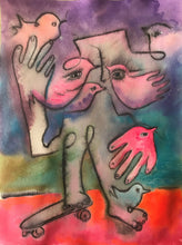 Load image into Gallery viewer, Painting on paper by Thomas St Thomas of boy on skateboard holding birds