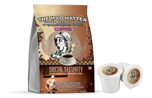 Social Security Americano CBD Coffee Pods 250 Mg Broad Spectrum Hemp-derived CBD Total, (10)- 100% recyclable pod servings per bag Enjoy tomorrow’s benefits today! An artisanal blend of herbs, spices, Chili Peppers, and Chocolate makes this unique CBD Coffee, beneficially active. 25mg Broad Spectrum CBD per serving. CONTAINS SOY. MAY CONTAIN WHEAT & EGGS. U.S grown Hemp. Third-Party Lab Tested. Does not contain THC. Compatible with Keurig Machines. 100% recyclable. 