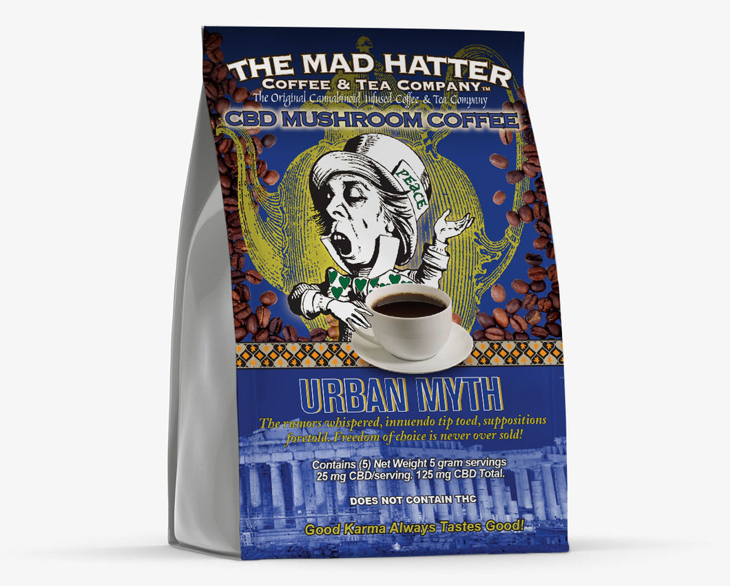 Urban Myth CBD Mushroom Coffee, decaffeinated. Instant (5) pack (25) mg/serving.